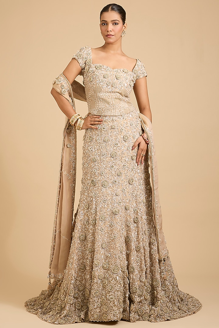 Golden Shimmer Tissue Sequins Embroidered Bridal Lehenga Set by Jaya Rathore at Pernia's Pop Up Shop