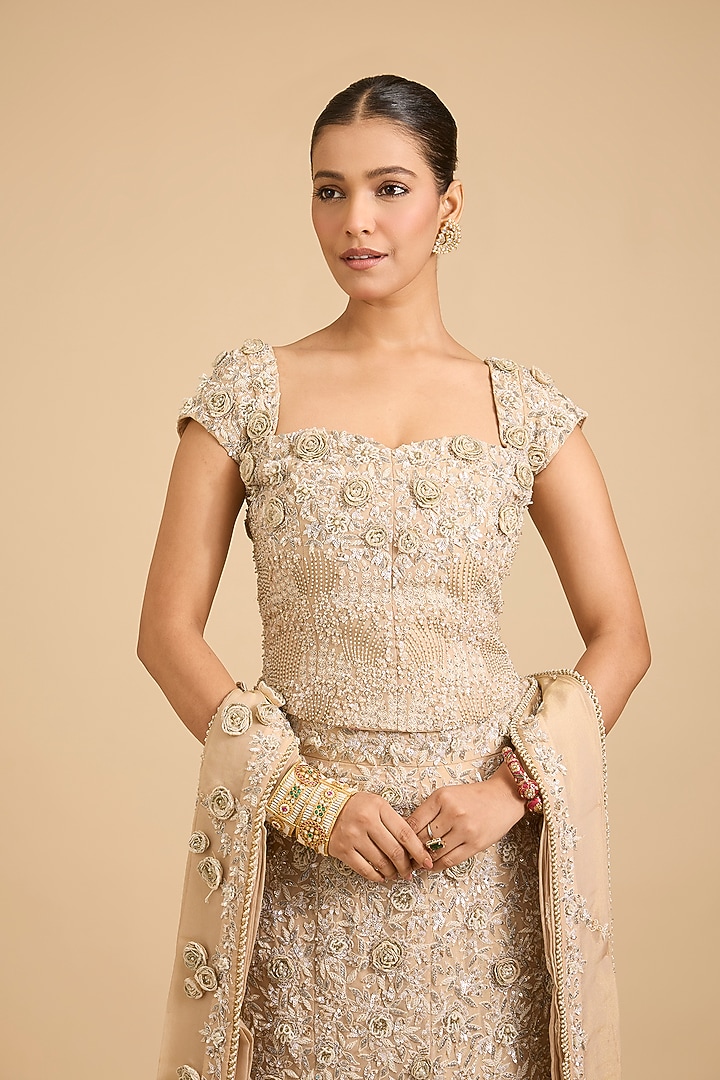 Golden Shimmer Tissue Sequins Embroidered Bridal Lehenga Set by Jaya Rathore at Pernia's Pop Up Shop
