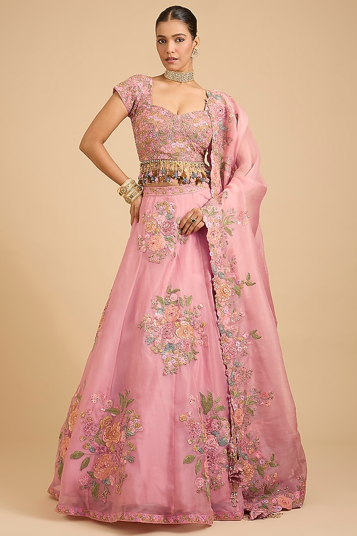 Pink Organza Boota Embroidered Bridal Lehenga Set by Jaya Rathore at Pernia's Pop Up Shop