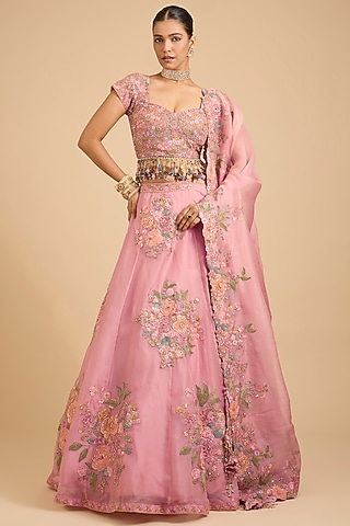 Pink Organza Boota Embroidered Lehenga Set by jaya rathore