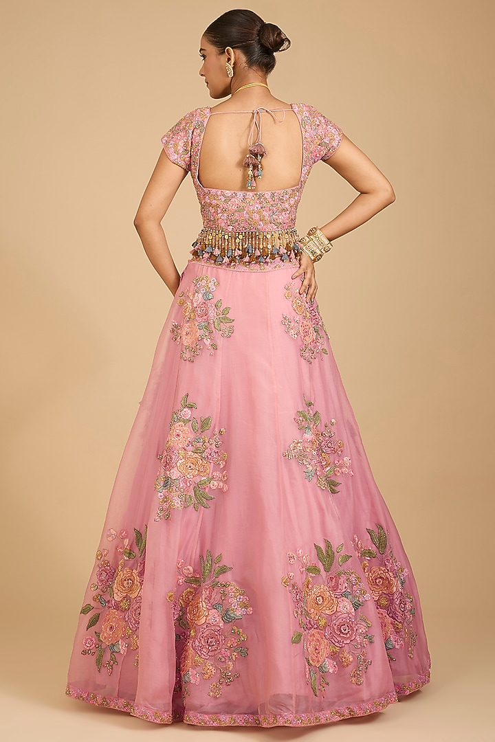 Pink Organza Boota Embroidered Bridal Lehenga Set by Jaya Rathore at Pernia's Pop Up Shop