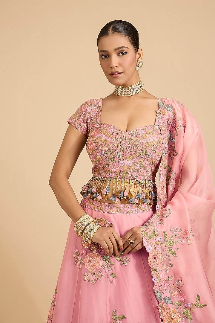 Pink Organza Boota Embroidered Bridal Lehenga Set by Jaya Rathore at Pernia's Pop Up Shop