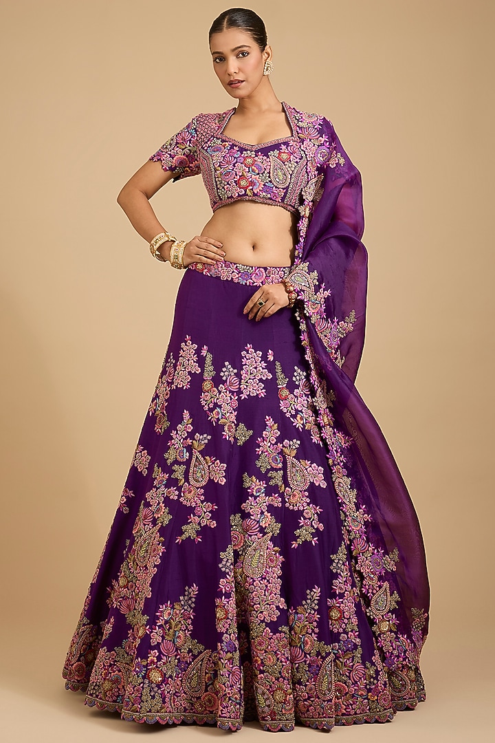 Purple Silk & Organza Thread Embroidered Bridal Lehenga Set by Jaya Rathore at Pernia's Pop Up Shop