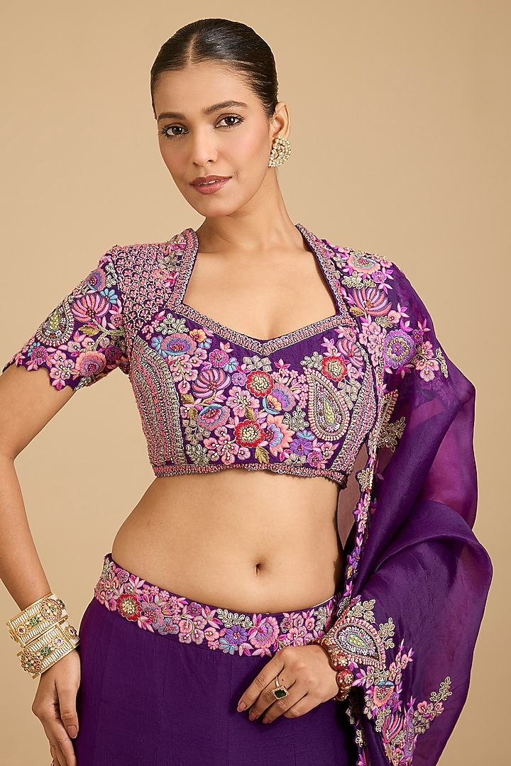 Purple Silk & Organza Thread Embroidered Bridal Lehenga Set by Jaya Rathore at Pernia's Pop Up Shop
