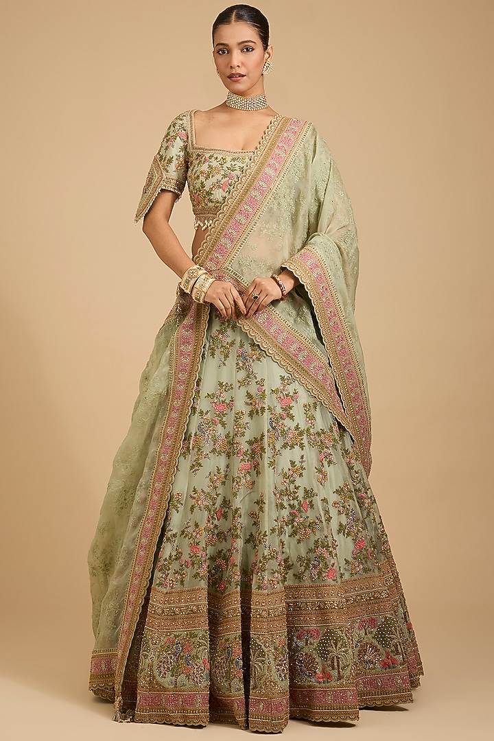 Jade Green Silk & Organza Thread Embroidered Bridal Lehenga Set by Jaya Rathore at Pernia's Pop Up Shop