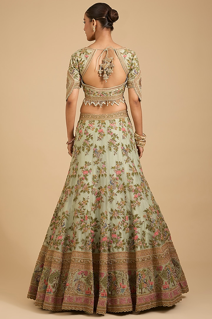 Jade Green Silk & Organza Thread Embroidered Bridal Lehenga Set by Jaya Rathore at Pernia's Pop Up Shop