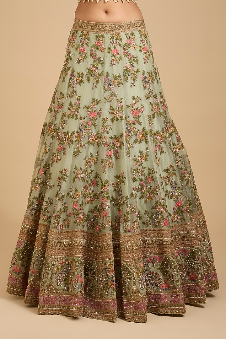 Jade Green Silk & Organza Thread Embroidered Bridal Lehenga Set by Jaya Rathore at Pernia's Pop Up Shop