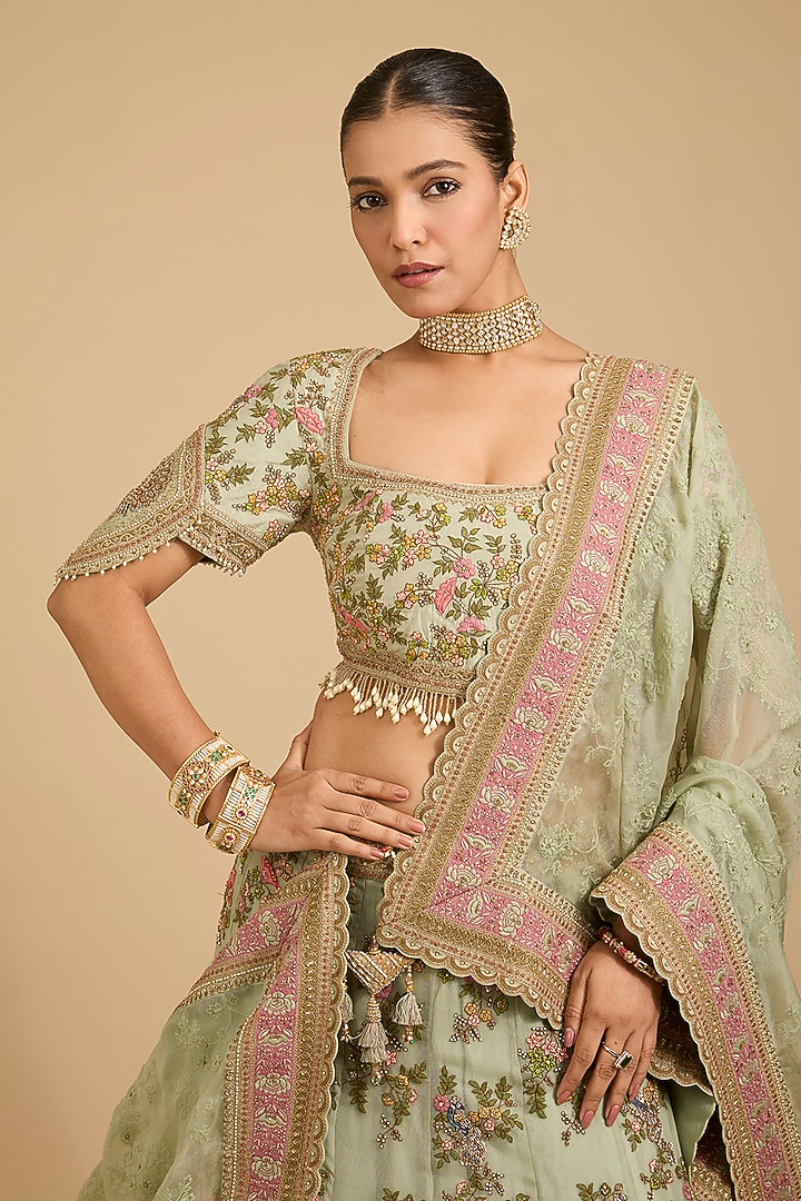 Jade Green Silk & Organza Thread Embroidered Bridal Lehenga Set by Jaya Rathore at Pernia's Pop Up Shop
