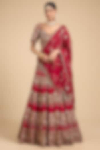 Red Silk Scallop Embroidered Bridal Lehenga Set by Jaya Rathore at Pernia's Pop Up Shop
