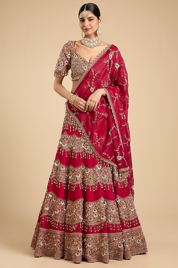 Red Silk Scallop Embroidered Bridal Lehenga Set by Jaya Rathore at Pernia's Pop Up Shop