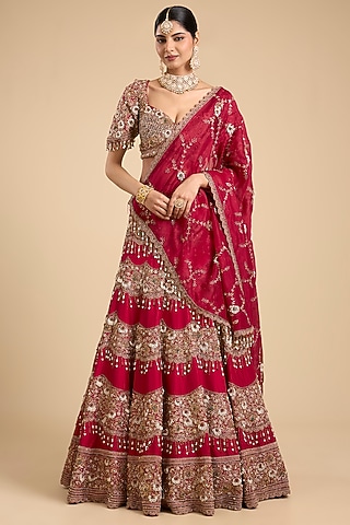 Red Silk Scallop Embroidered Lehenga Set by Jaya Rathore