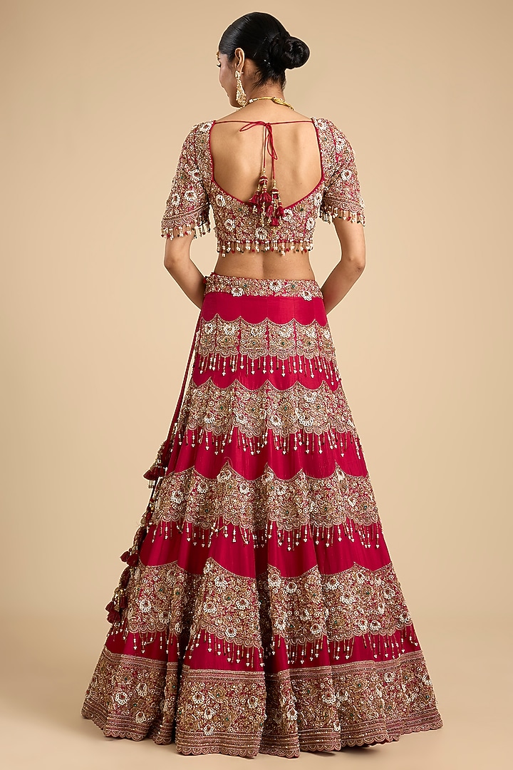 Red Silk Scallop Embroidered Bridal Lehenga Set by Jaya Rathore at Pernia's Pop Up Shop