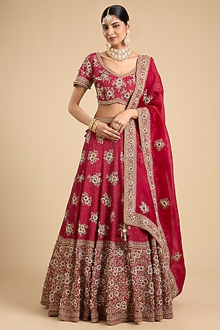 Red Silk Boota & Pearl Embellished Lehenga Set by Jaya Rathore
