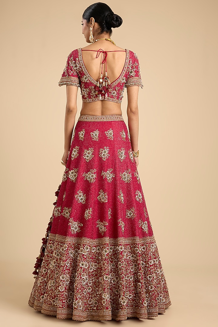Red Silk Boota & Pearl Embellished Bridal Lehenga Set by Jaya Rathore at Pernia's Pop Up Shop