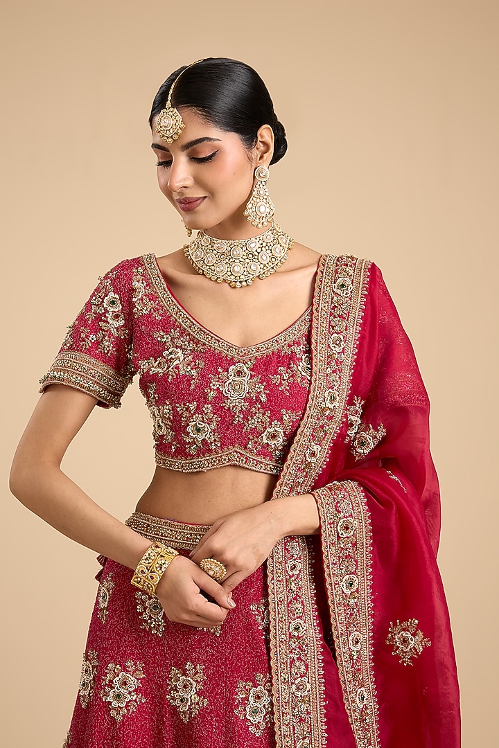 Red Silk Boota & Pearl Embellished Bridal Lehenga Set by Jaya Rathore at Pernia's Pop Up Shop