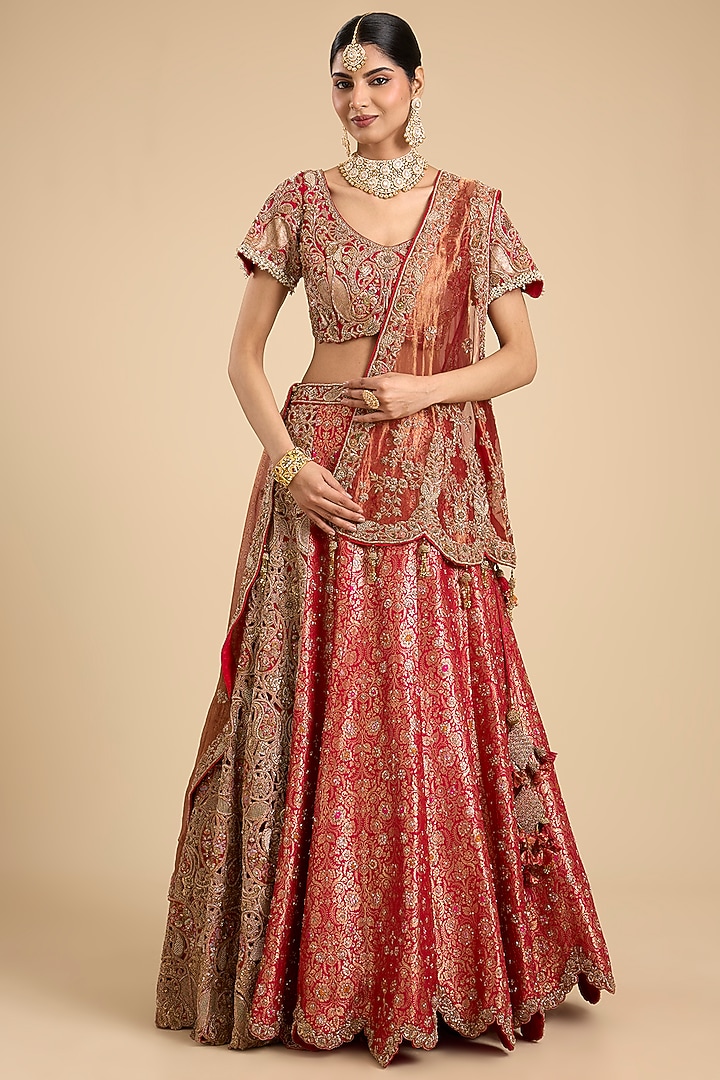 Red Brocade Cutwork Embellished Bridal Lehenga Set by Jaya Rathore at Pernia's Pop Up Shop