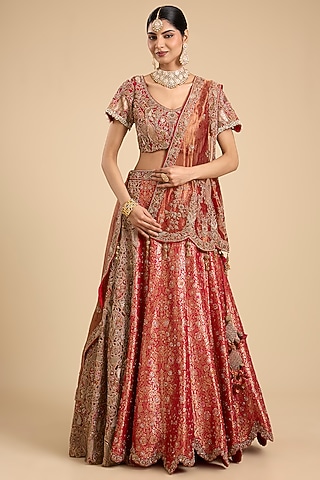 Red Brocade Cutwork Embellished Lehenga Set by Jaya Rathore