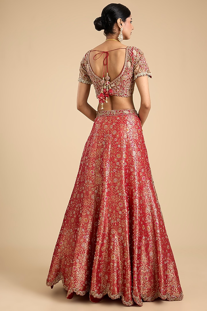 Red Brocade Cutwork Embellished Bridal Lehenga Set by Jaya Rathore at Pernia's Pop Up Shop