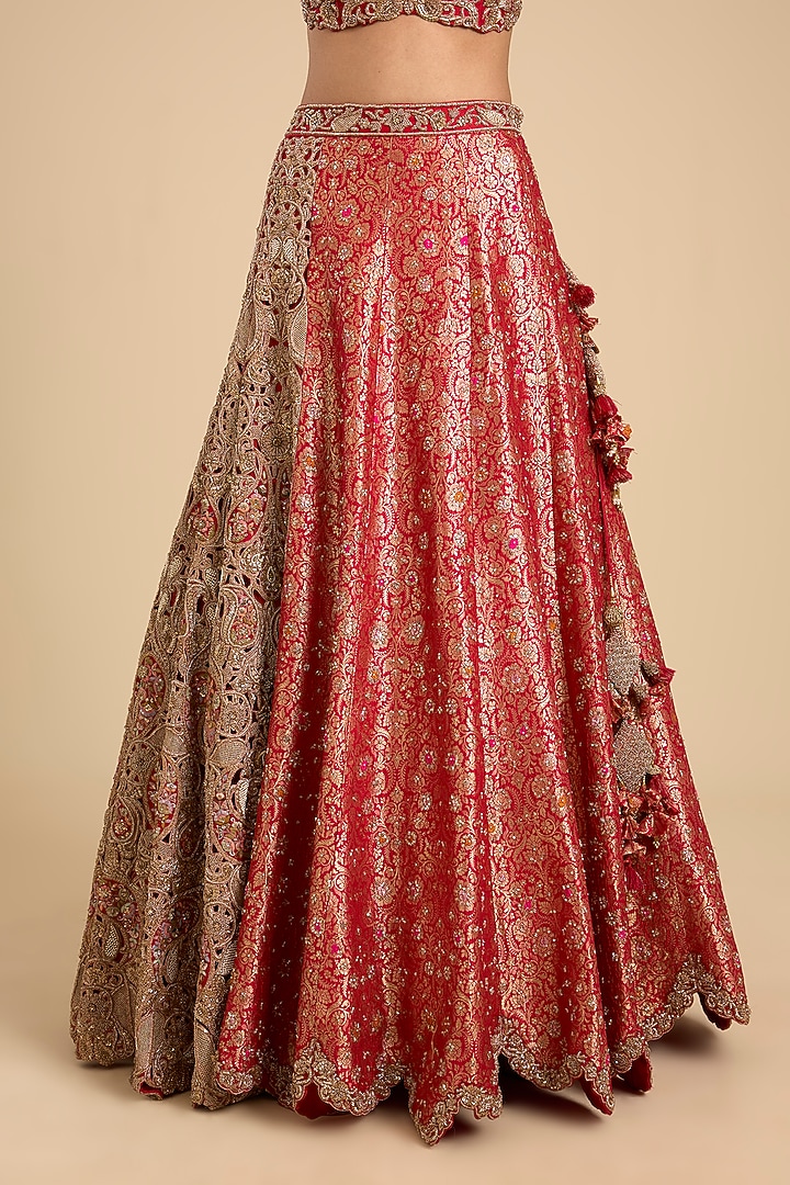 Red Brocade Cutwork Embellished Bridal Lehenga Set by Jaya Rathore at Pernia's Pop Up Shop
