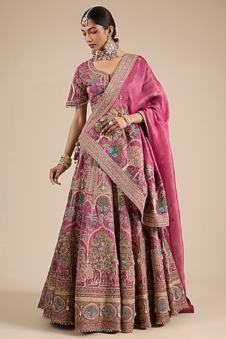 Rust Silk Peacock Jaal Embroidered Lehenga Set by Jaya Rathore