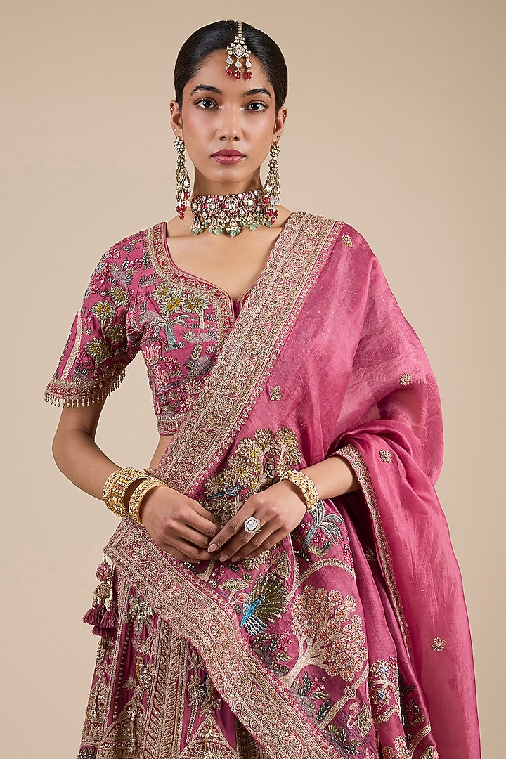 Rust Silk Peacock Jaal Embroidered Bridal Lehenga Set by Jaya Rathore at Pernia's Pop Up Shop
