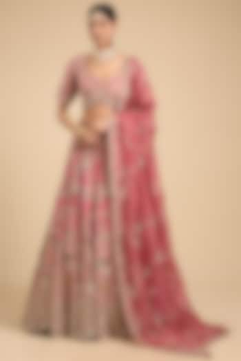 Coral Silk Pearl & Sequin Embroidered Bridal Lehenga Set by Jaya Rathore at Pernia's Pop Up Shop