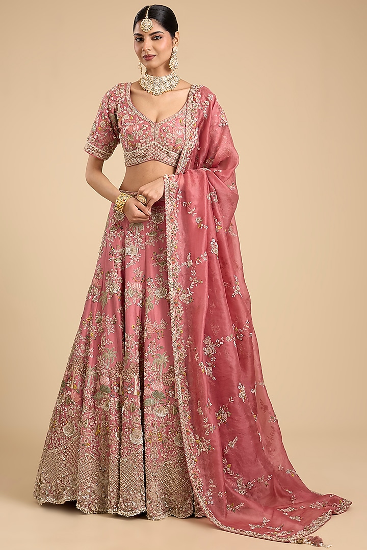 Coral Silk Pearl & Sequin Embroidered Bridal Lehenga Set by Jaya Rathore at Pernia's Pop Up Shop
