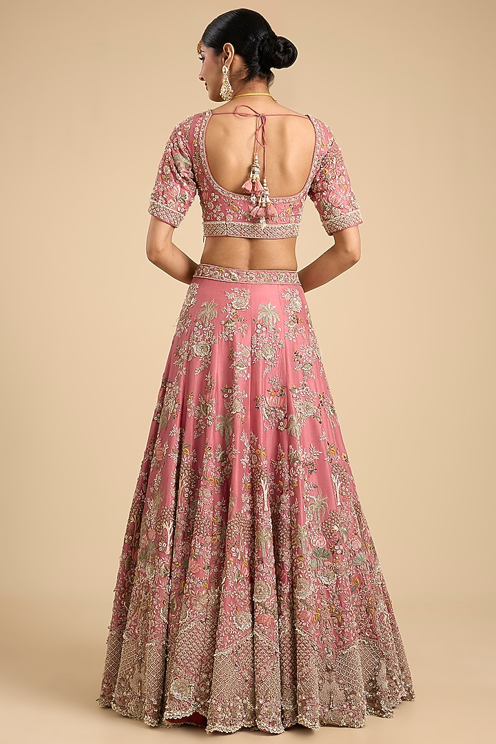 Coral Silk Pearl & Sequin Embroidered Bridal Lehenga Set by Jaya Rathore at Pernia's Pop Up Shop