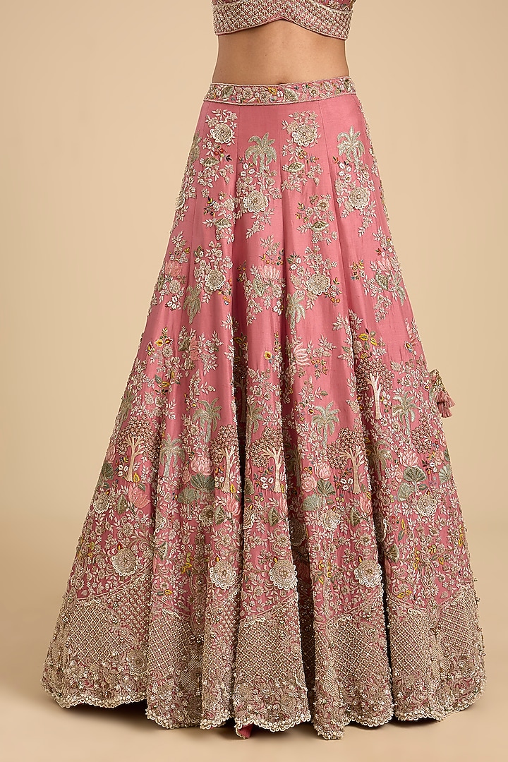 Coral Silk Pearl & Sequin Embroidered Bridal Lehenga Set by Jaya Rathore at Pernia's Pop Up Shop