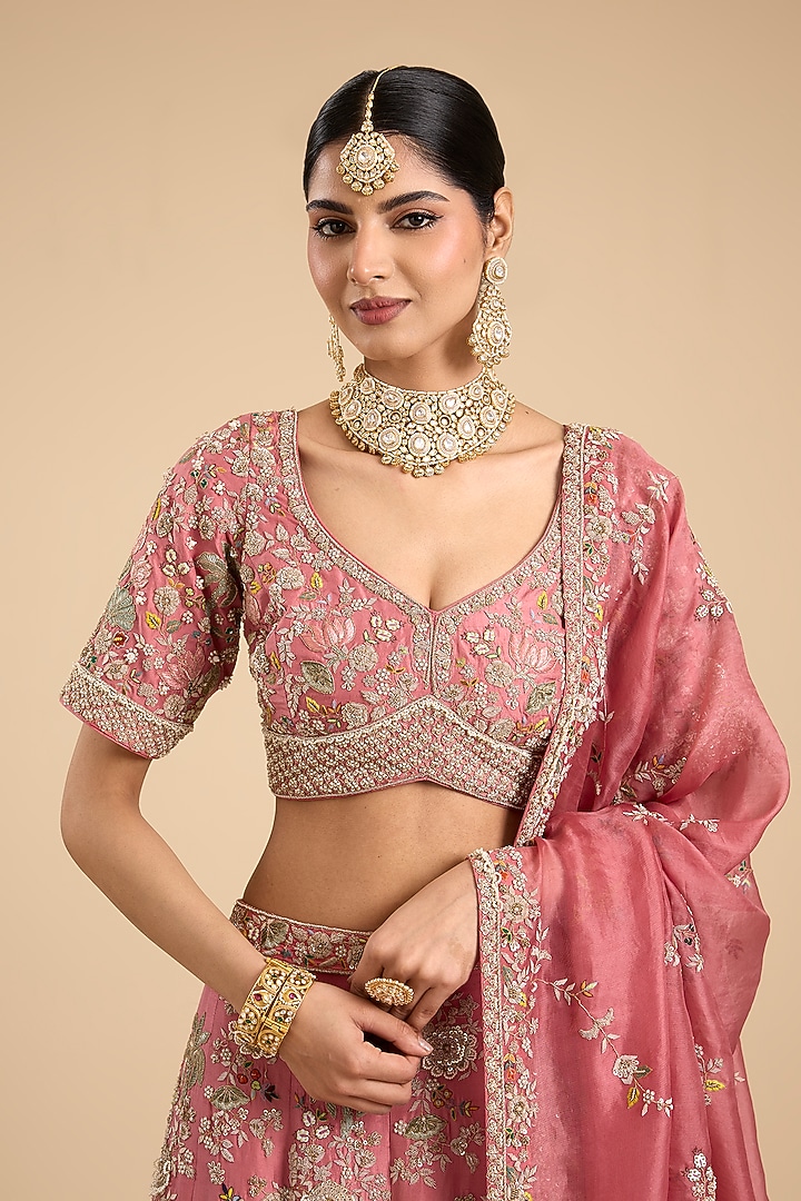 Coral Silk Pearl & Sequin Embroidered Bridal Lehenga Set by Jaya Rathore at Pernia's Pop Up Shop