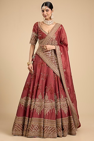 Red Silk Thread & Dori Embroidered Lehenga Set by Jaya Rathore