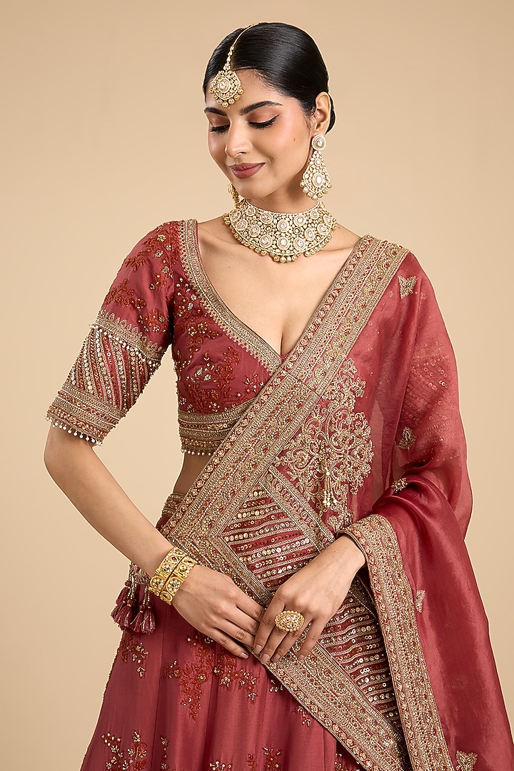 Red Silk Thread & Dori Embroidered Bridal Lehenga Set by Jaya Rathore at Pernia's Pop Up Shop
