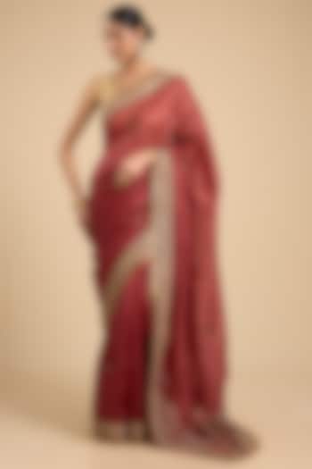Red Silk Dori & Thread Embroidered Reception Saree Set by Jaya Rathore at Pernia's Pop Up Shop