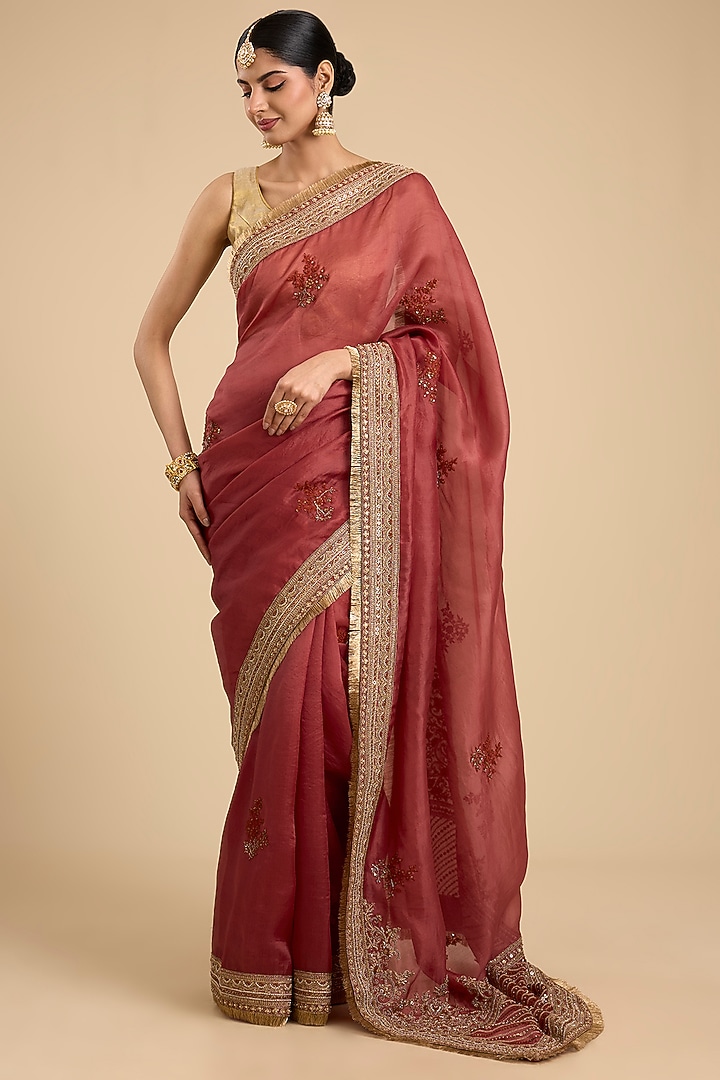 Red Silk Dori & Thread Embroidered Reception Saree Set by Jaya Rathore at Pernia's Pop Up Shop