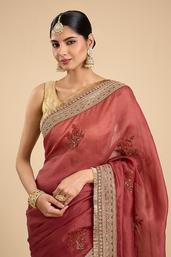 Red Silk Dori & Thread Embroidered Reception Saree Set by Jaya Rathore at Pernia's Pop Up Shop