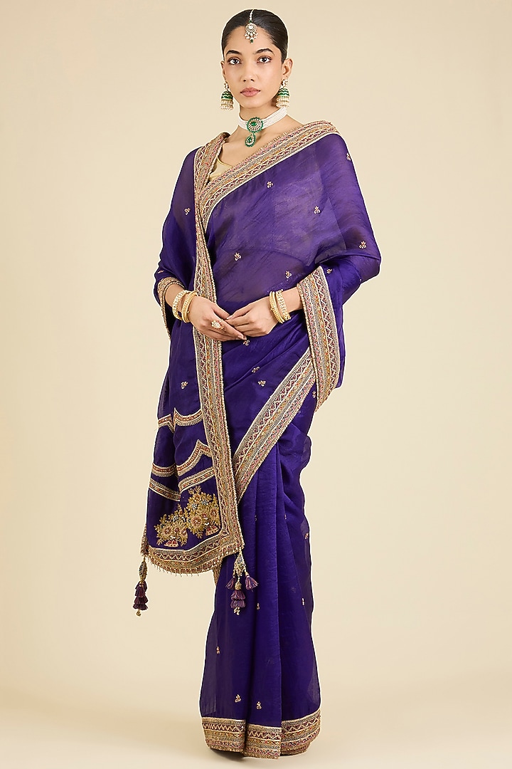 Purple Organza Thread Embellished Reception Saree Set by Jaya Rathore at Pernia's Pop Up Shop