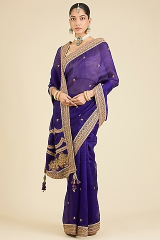 Purple Organza Thread Embellished Saree Set by Jaya Rathore