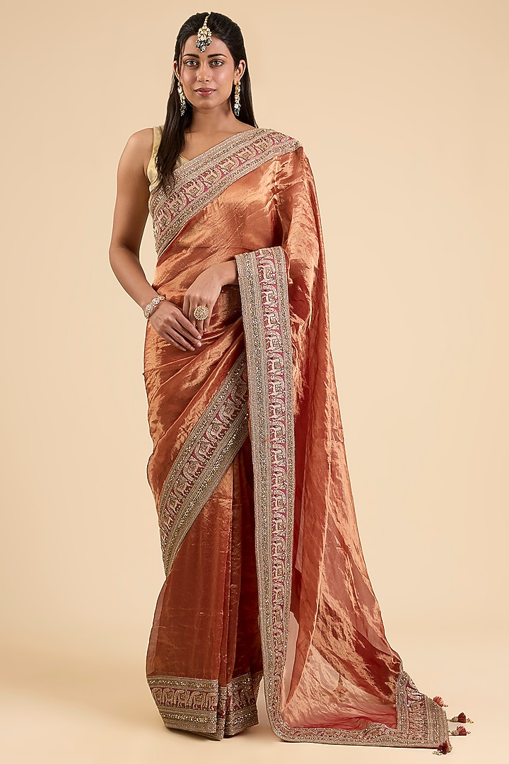 Red Tissue Embroidered Wedding Saree Set by Jaya Rathore at Pernia's Pop Up Shop