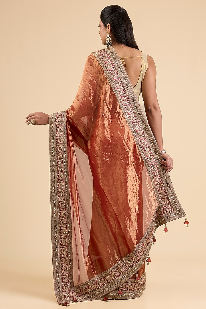 Red Tissue Embroidered Wedding Saree Set by Jaya Rathore at Pernia's Pop Up Shop