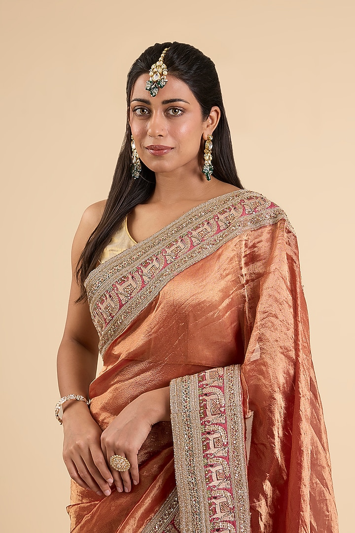 Red Tissue Embroidered Wedding Saree Set by Jaya Rathore at Pernia's Pop Up Shop