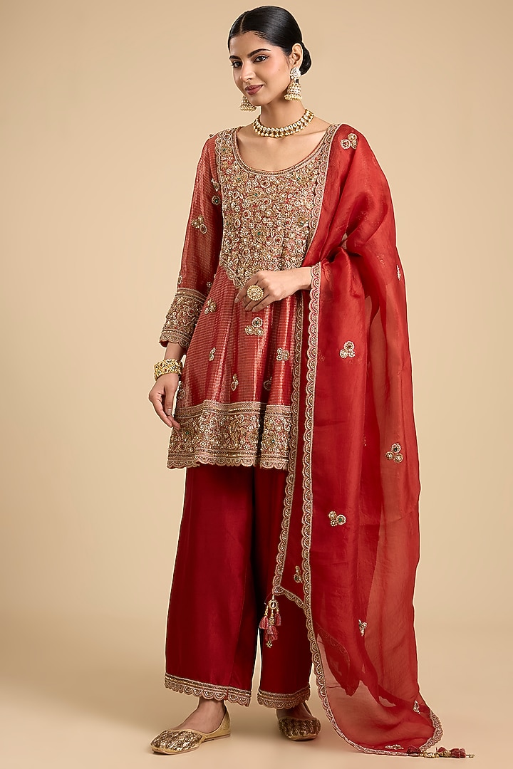 Red Handloom Tissue Embroidered Paneled Tunic Set by Jaya Rathore at Pernia's Pop Up Shop