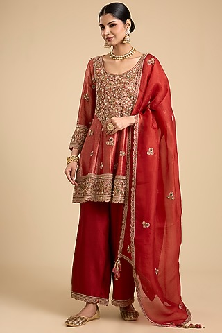 Red Handloom Tissue Embroidered Paneled Tunic Set by Jaya Rathore