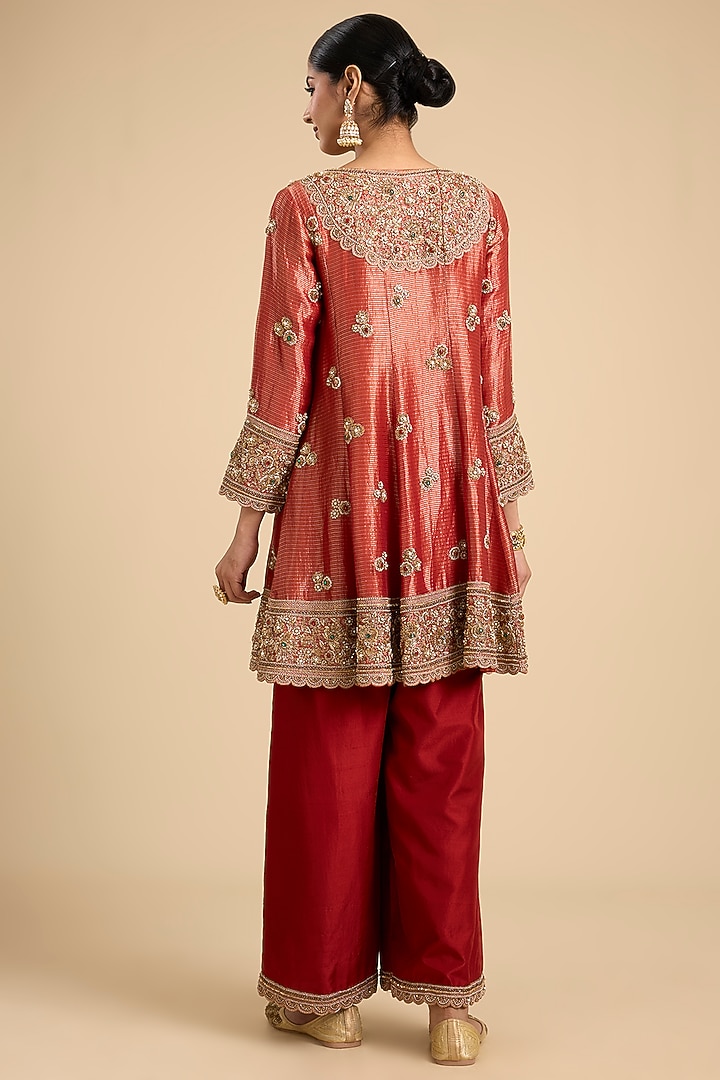 Red Handloom Tissue Embroidered Paneled Tunic Set by Jaya Rathore at Pernia's Pop Up Shop