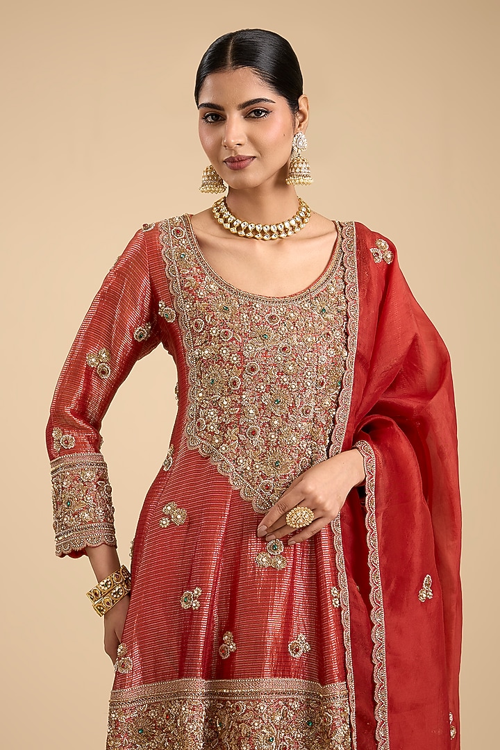 Red Handloom Tissue Embroidered Paneled Tunic Set by Jaya Rathore at Pernia's Pop Up Shop