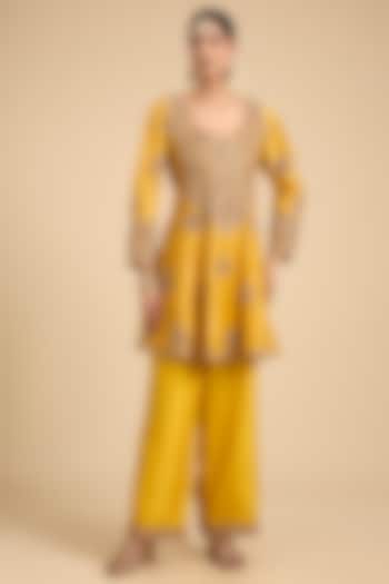 Mustard Yellow Handloom Tissue Embroidered Paneled Tunic Set by Jaya Rathore at Pernia's Pop Up Shop