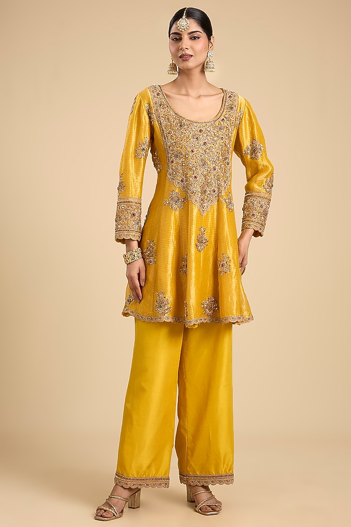 Mustard Yellow Handloom Tissue Embroidered Paneled Tunic Set by Jaya Rathore at Pernia's Pop Up Shop