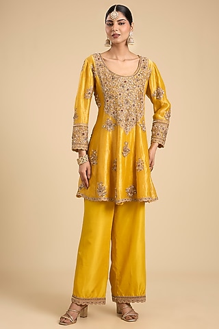 Mustard Yellow Handloom Tissue Embroidered Paneled Tunic Set by Jaya Rathore