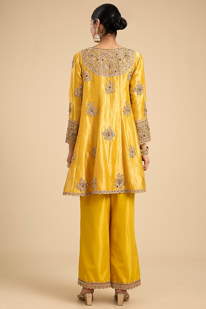 Mustard Yellow Handloom Tissue Embroidered Paneled Tunic Set by Jaya Rathore at Pernia's Pop Up Shop