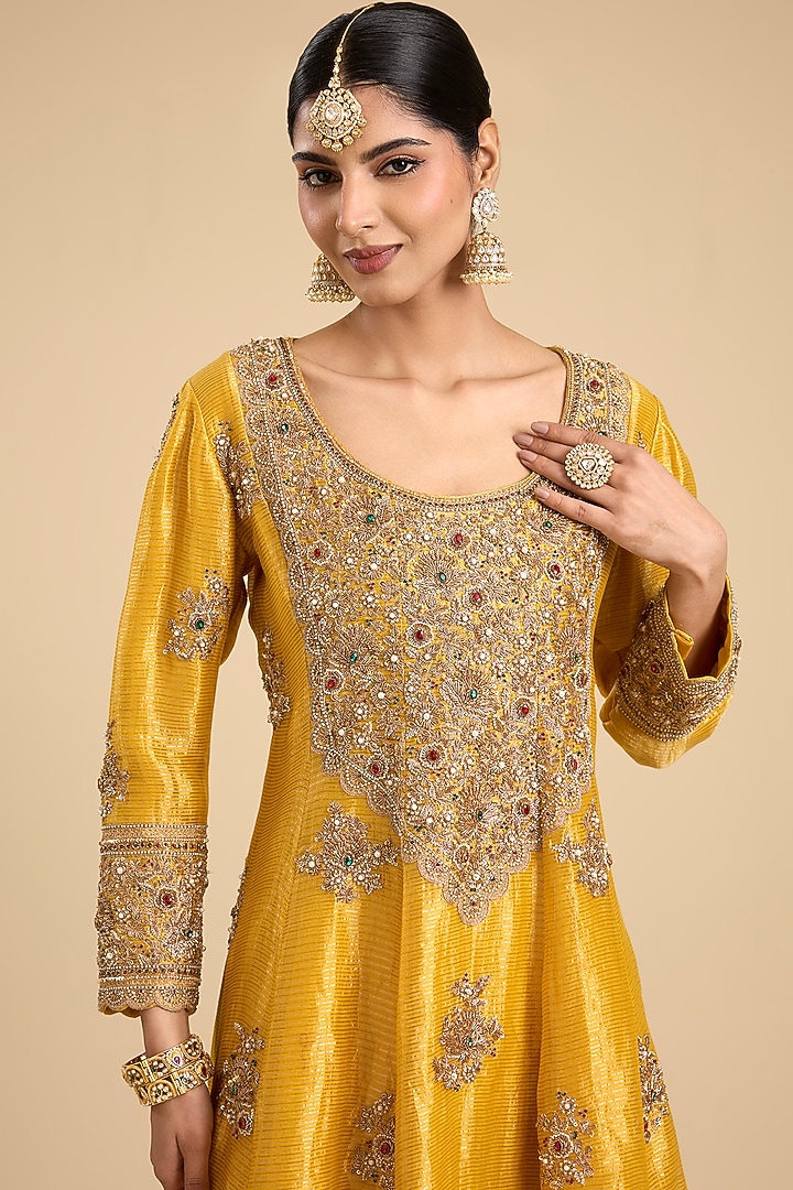 Mustard Yellow Handloom Tissue Embroidered Paneled Tunic Set by Jaya Rathore at Pernia's Pop Up Shop