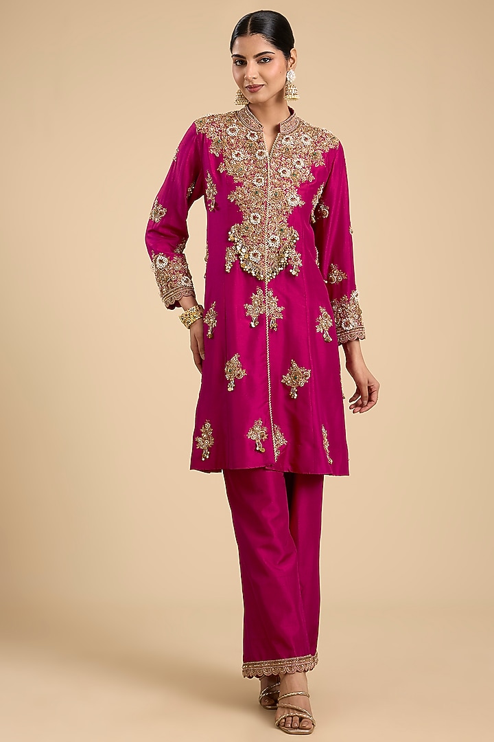 Fuchsia Pink Silk Embroidered Paneled Tunic Set by Jaya Rathore at Pernia's Pop Up Shop